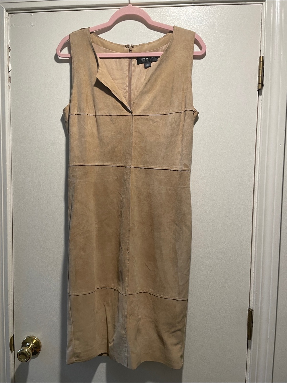 St. John Tan Genuine Suede Sleeveless Shift Midi Sheath Dress